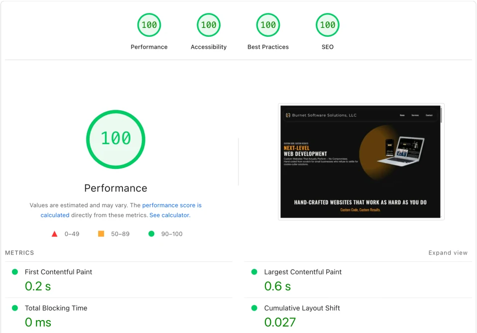 pagespeed insights results